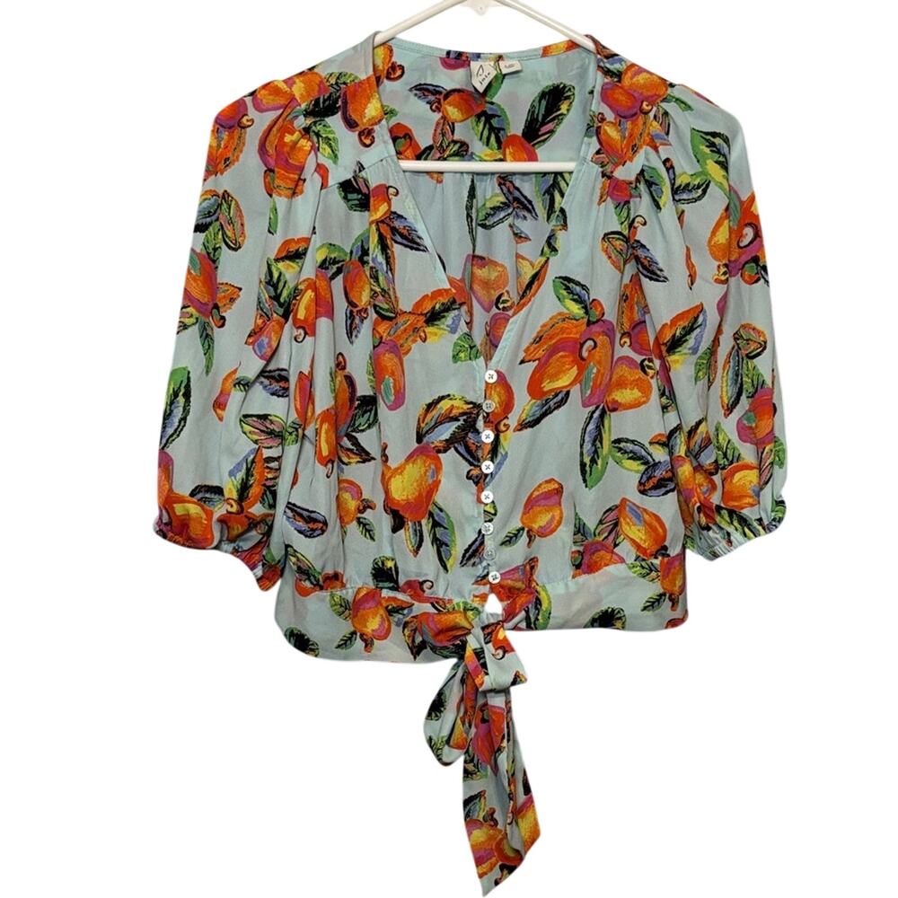 Joie Floral Silk Blouse Large Tie Front Crop Tropical Print Boho Luxe Top